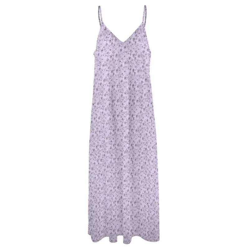 Lavender floral ankle length maxi dress with thin straps for a stylish summer look