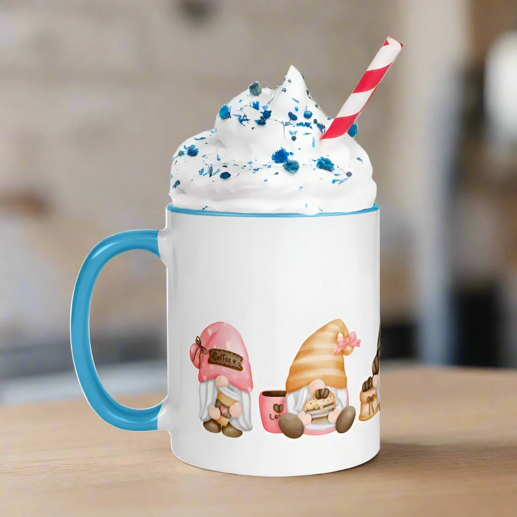 Cute Gnomes Mug with Color Inside, whipped cream, and blue sprinkles for women