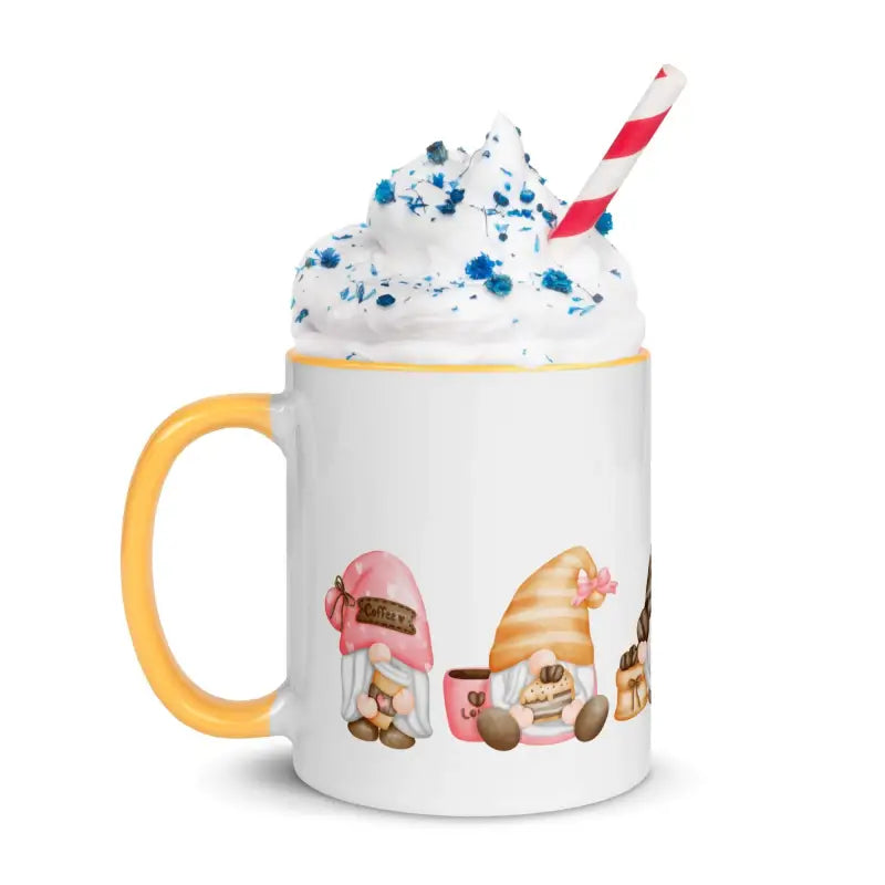 Gnomes Mug with Color Inside filled with whipped cream, sprinkles, and a cute straw