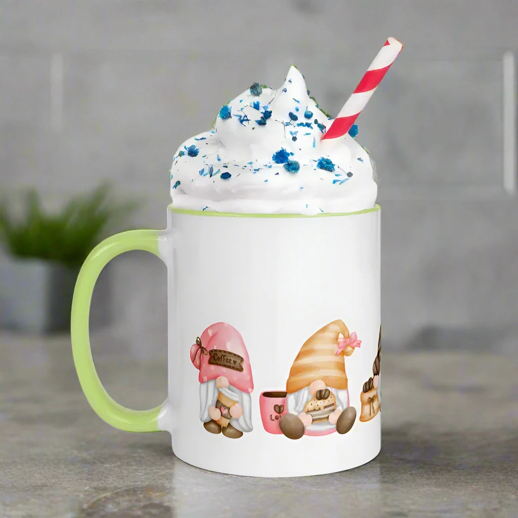 Gnomes Mug with Color Inside filled with whipped cream, sprinkles, and a cute gnome design