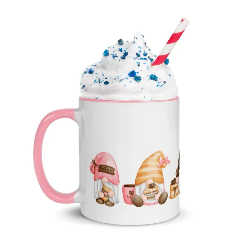 Gnomes Mug with Color Inside topped with whipped cream and cute gnome designs for women