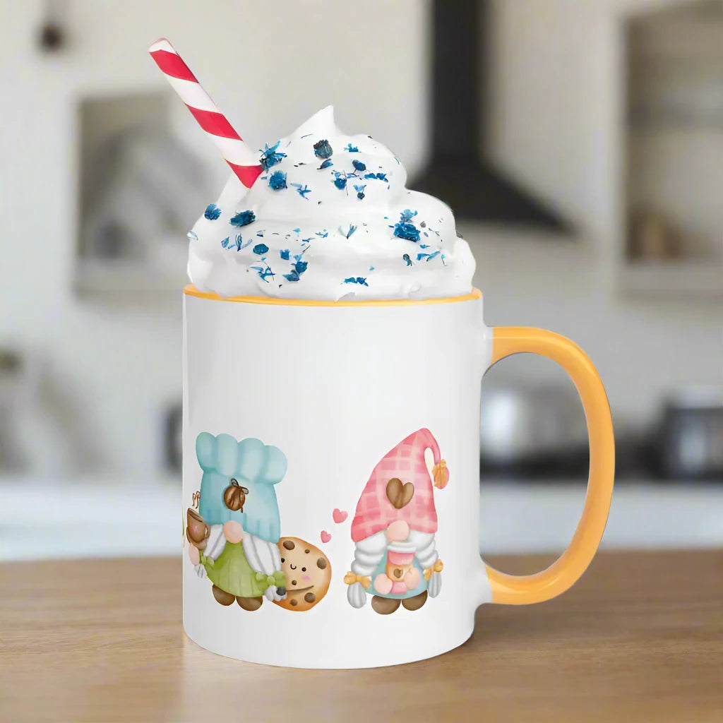 Gnomes Mug with Color Inside topped with whipped cream and a fun straw, perfect for women