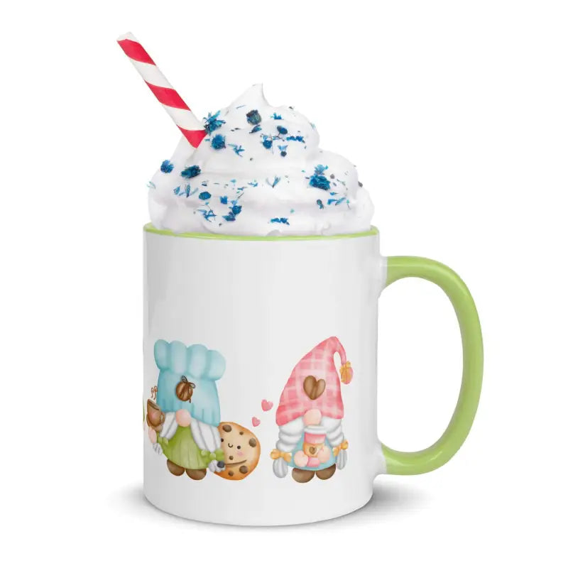 Ceramic Gnomes Mug with color inside, topped with whipped cream and a straw