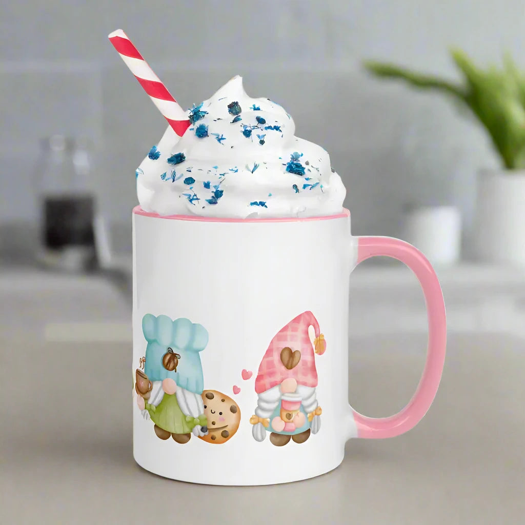 Gnomes Mug with Color Inside filled with whipped cream, sprinkles, and a cute straw
