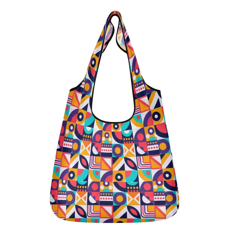 Colorful geometric print grocery bag with vibrant shapes from Groovy Bags for Your Greens!
