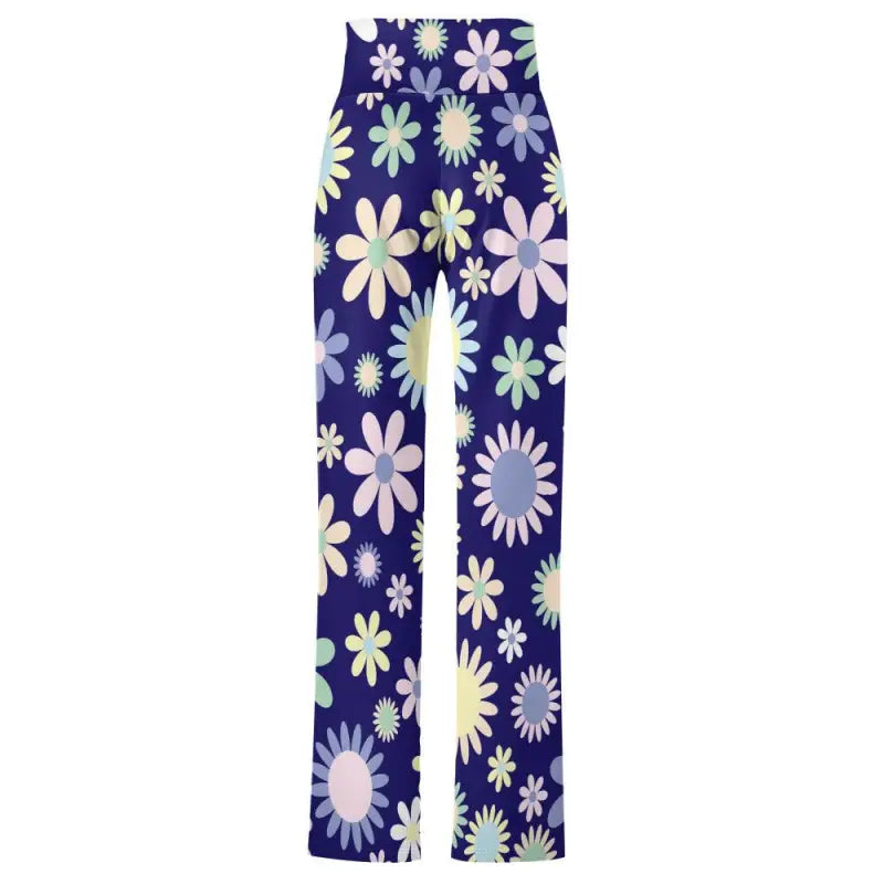 Blue floral straight pants with colorful daisy designs for a fun, vibrant look