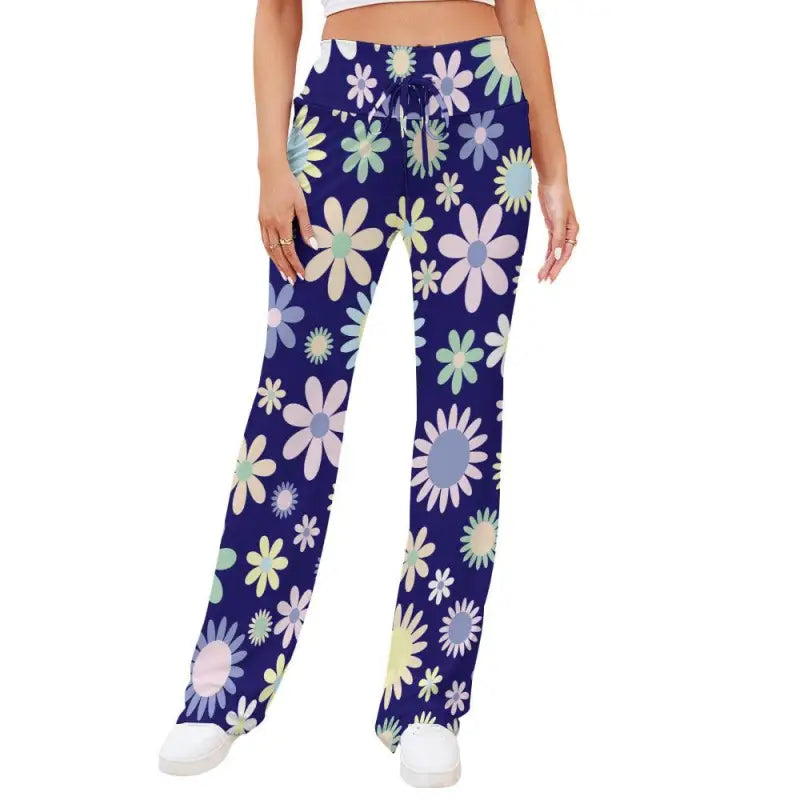 Floral print pants with navy background and pastel daisies for a fun, colorful lift