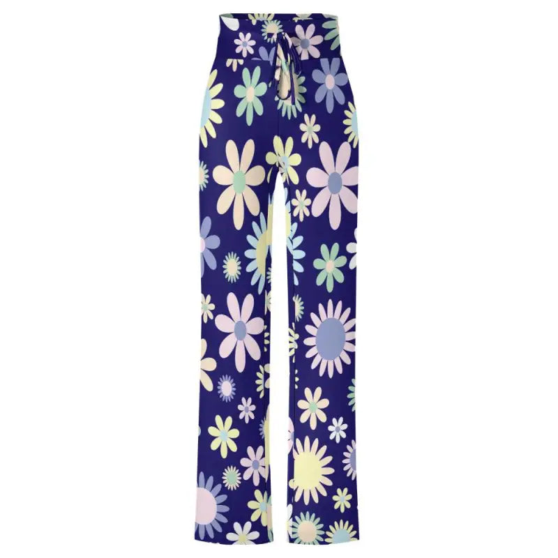 Blue floral straight pants with pastel daisies for a colorful style boost