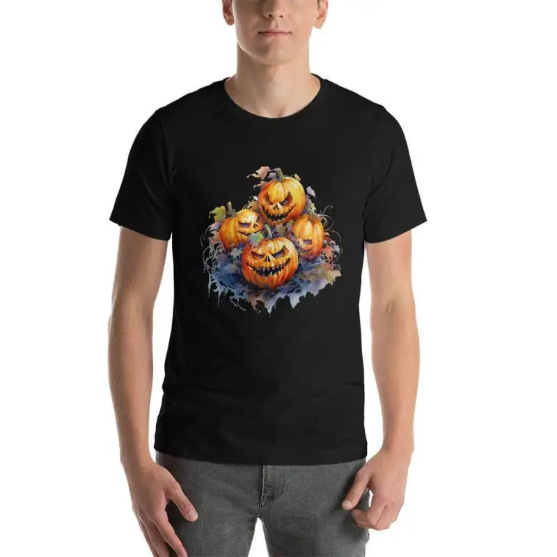 Black Halloween Evil Pumpkin Shirt with glowing carved pumpkin faces design