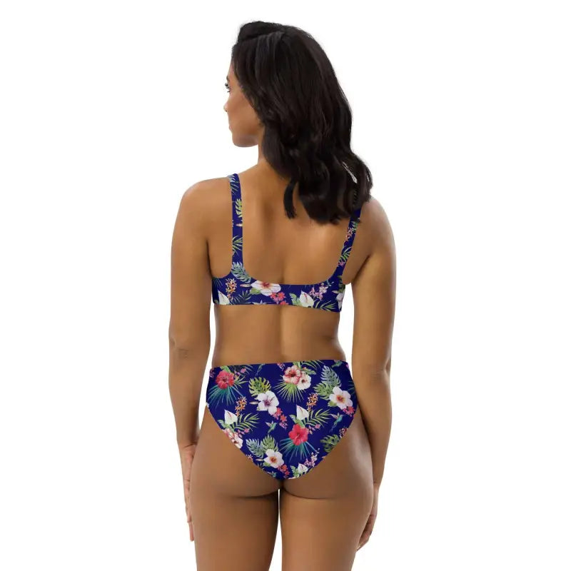 Floral print high-waisted bikini with blue tropical Hawaiian vibes for summer fun