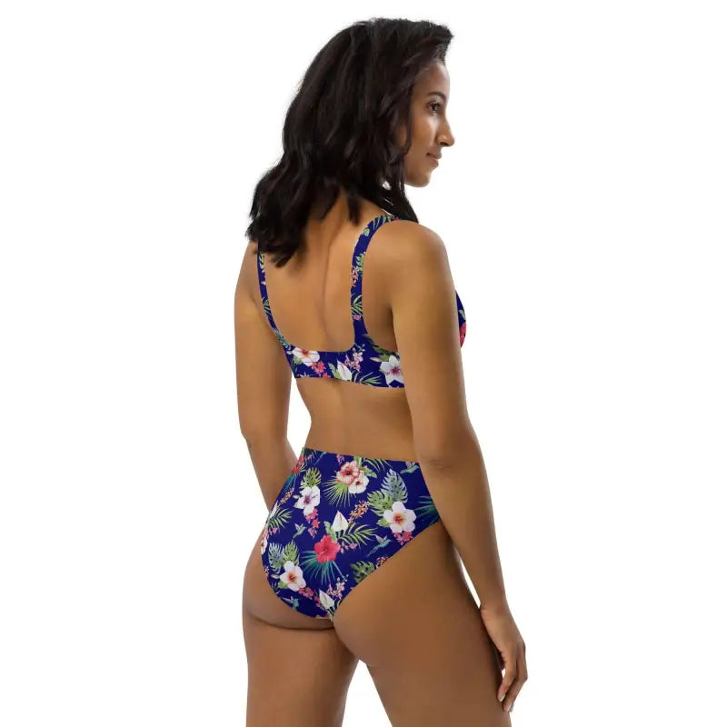 Floral print high-waisted bikini set perfect for blue tropical Hawaiian beach days