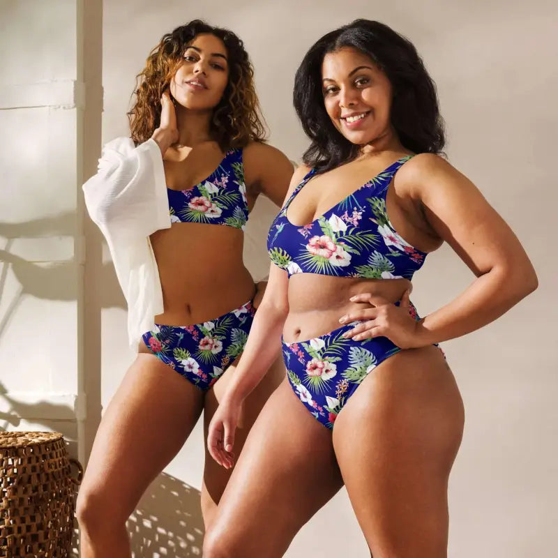 Two women rock Hawaiian Print High-Waisted bikinis for fun blue tropical vibes