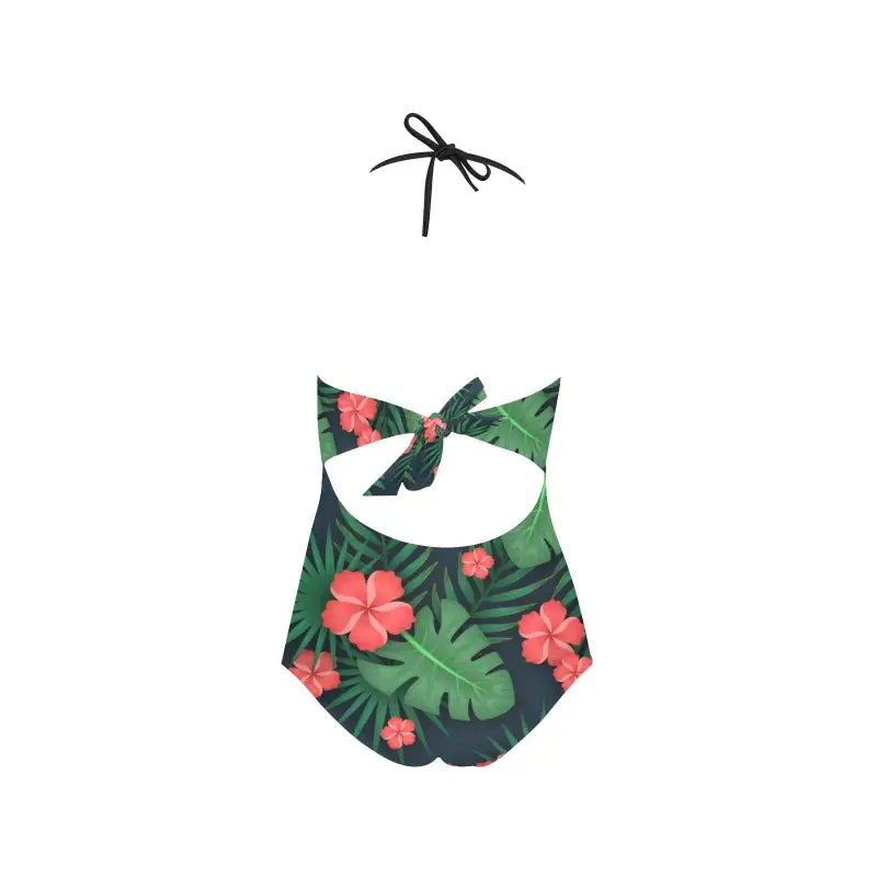 Hawaiian Print Lace one-piece swimsuit with halter neck tie for a fun beach look