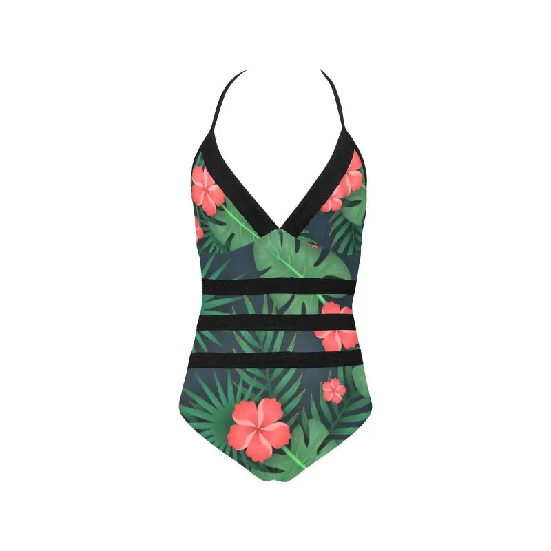Tropical floral one-piece Hawaiian print lace swimsuit with cutout details and black straps