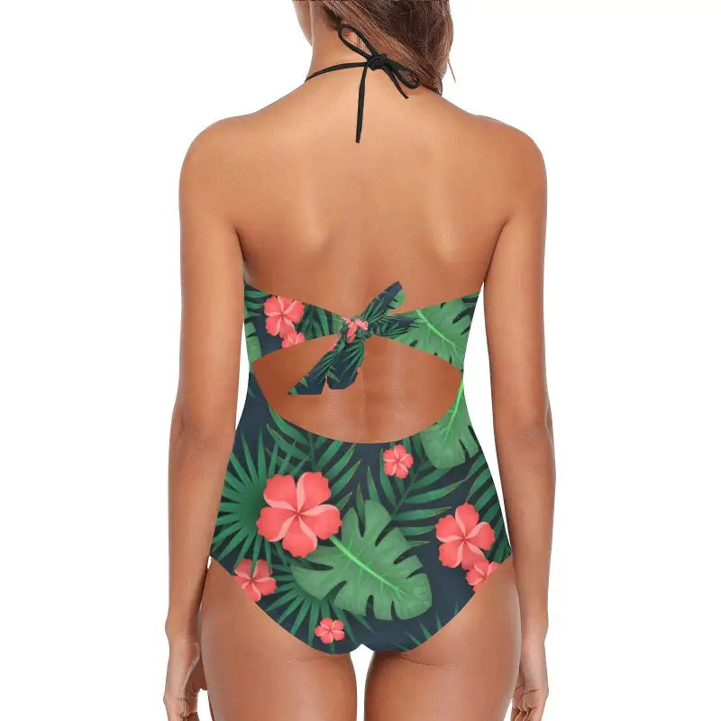 Tropical Hawaiian Print Lace one-piece swimsuit with a stylish open back design