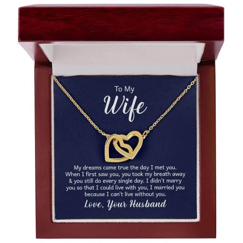 Gold interlocking hearts necklace in a gift box with romantic message and rose gold finish