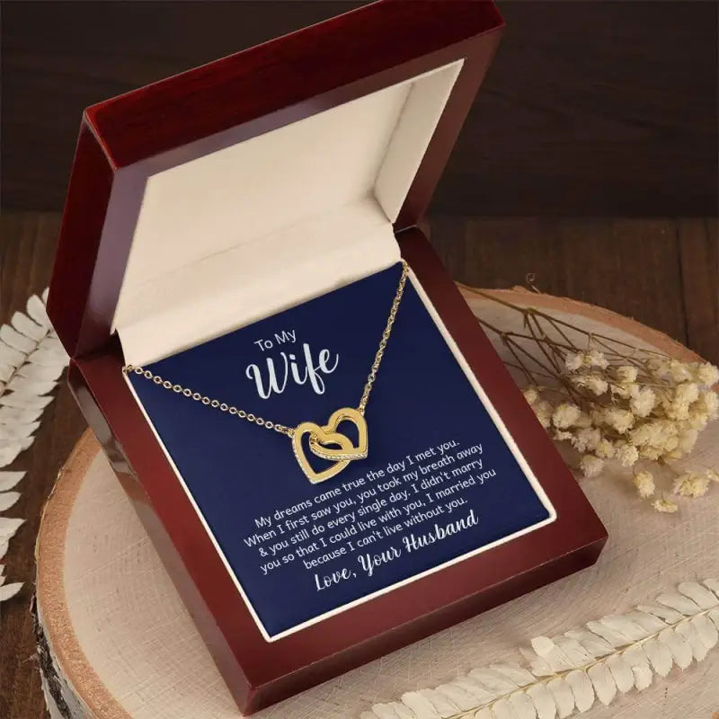 Interlocking hearts necklace in a gift box for Wife from Husband with rose gold finish