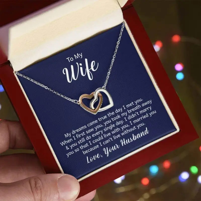 Heartfelt Bling interlocking hearts necklace with romantic card in rose gold finish