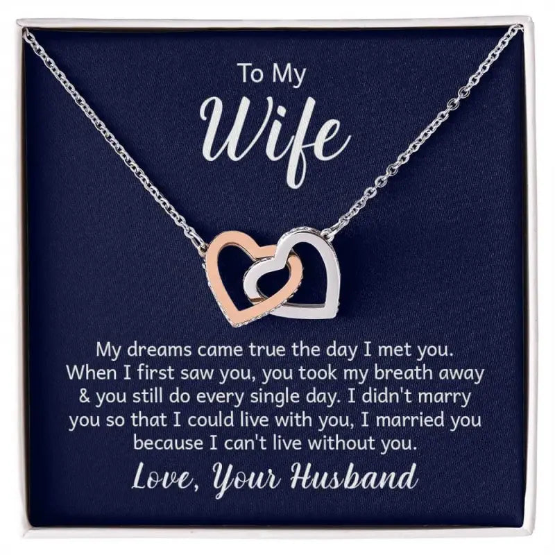 Interlocking hearts necklace in silver and rose gold finish on a chic chain