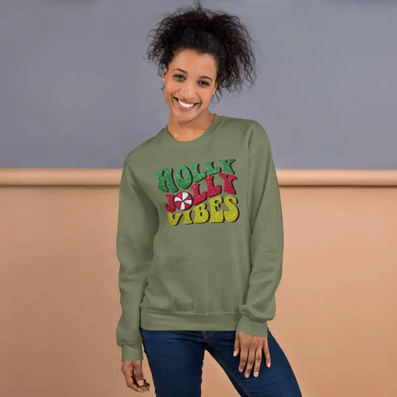 Green Vibes Christmas sweatshirt with Holly Jolly Vibes text in colorful letters