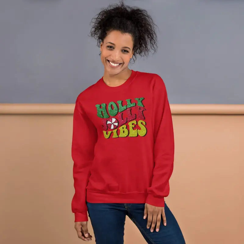 Red sweatshirt with Holly Vibes text in green and yellow for ultimate Jolly Vibes Christmas