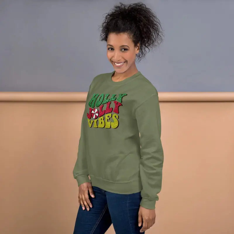 Green vibes Christmas sweatshirt with Holly Jolly Vibes text in colorful lettering