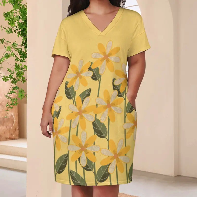 Yellow floral print short-sleeved v-neck imitation cotton dress in basic style
