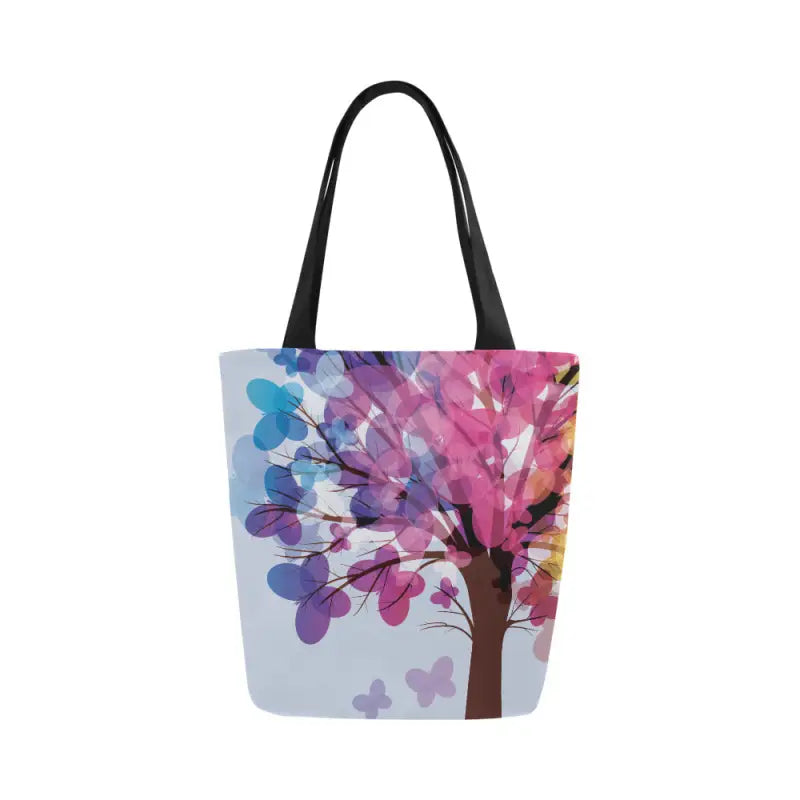Colorful butterfly canvas tote with a vibrant watercolor tree design for book club lovers