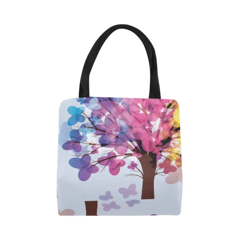 Colorful butterfly canvas tote with vibrant tree design and multicolored leaves