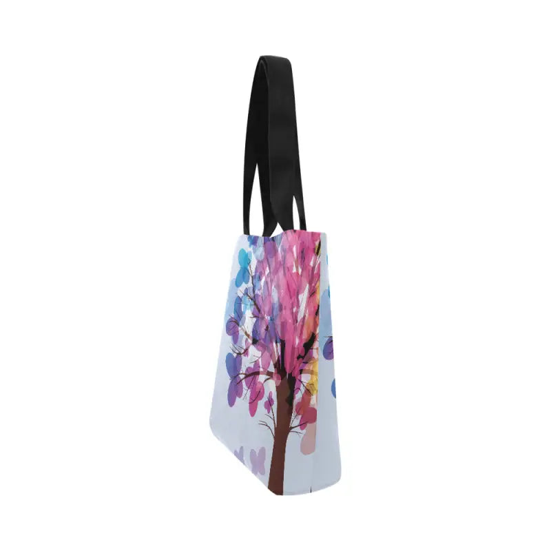 Colorful Butterfly Canvas Tote bag with a watercolor tree design in pink and blue