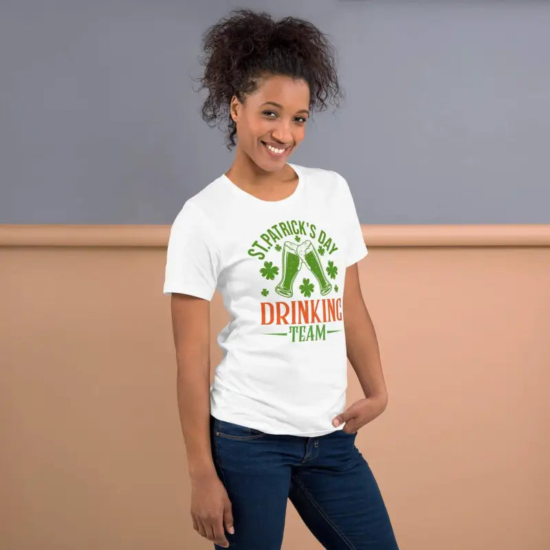 White T-shirt featuring a fun St. Patrick’s Day drinking team design for day drinking
