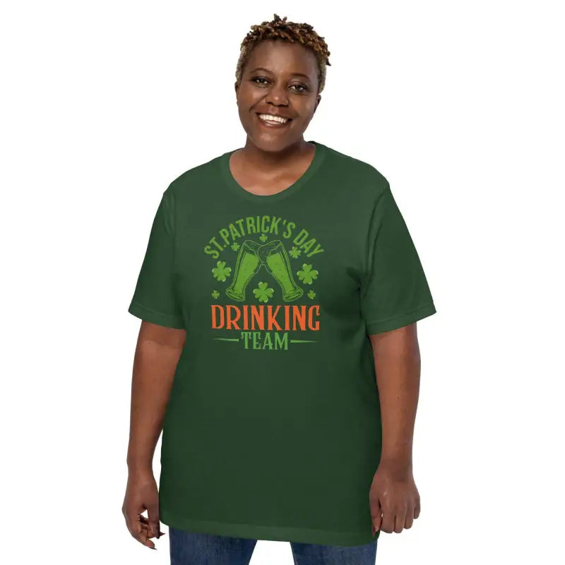 Green t-shirt with St. Patrick’s Day Drinking Team design and beer mug graphics