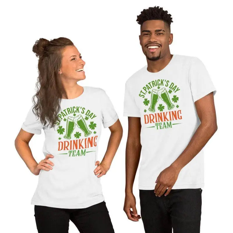 Two friends in matching St. Patrick’s Day Drinking Team shirts ready for day drinking fun