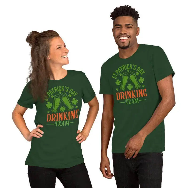 Green St. Patrick’s Day Drinking Team shirt with shamrock designs for fun day drinking