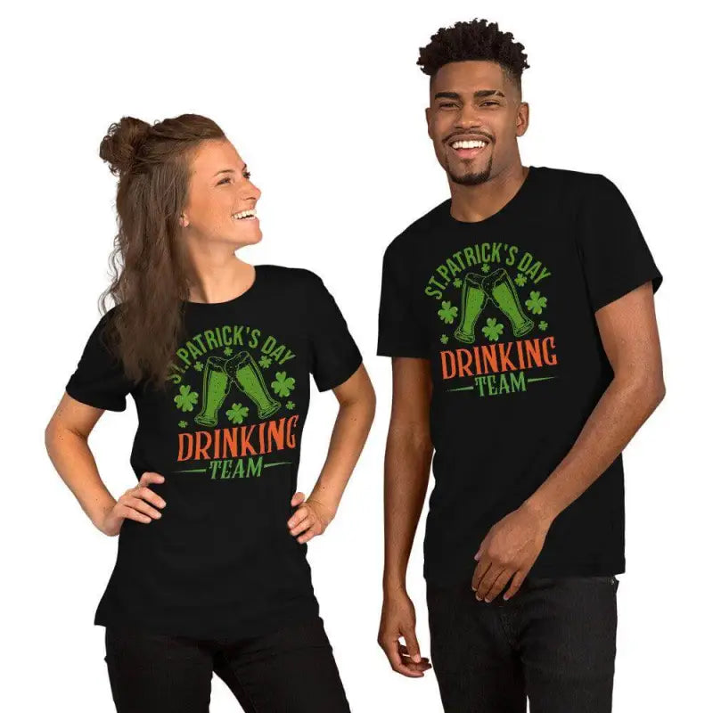 Two friends rocking matching black Patrick’s Day Drinking Team shirts in green and orange