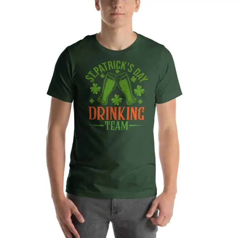 Dark green drinking team shirt for Patrick’s Day with shamrocks and beer bottles