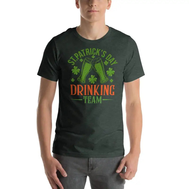 Dark green Drinking Team shirt for Patrick’s Day with shamrocks and beer bottles