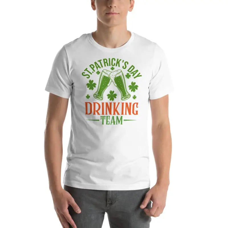 White Patrick’s Day Drinking Team shirt with green shamrocks and beer glasses design