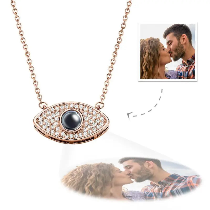 Rose gold evil eye projection necklace with diamonds and dark gemstone for custom style