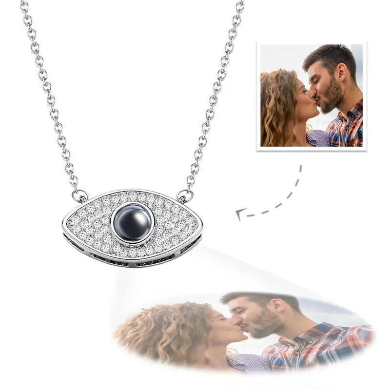 Silver evil eye projection necklace with gemstones for custom photo projection style