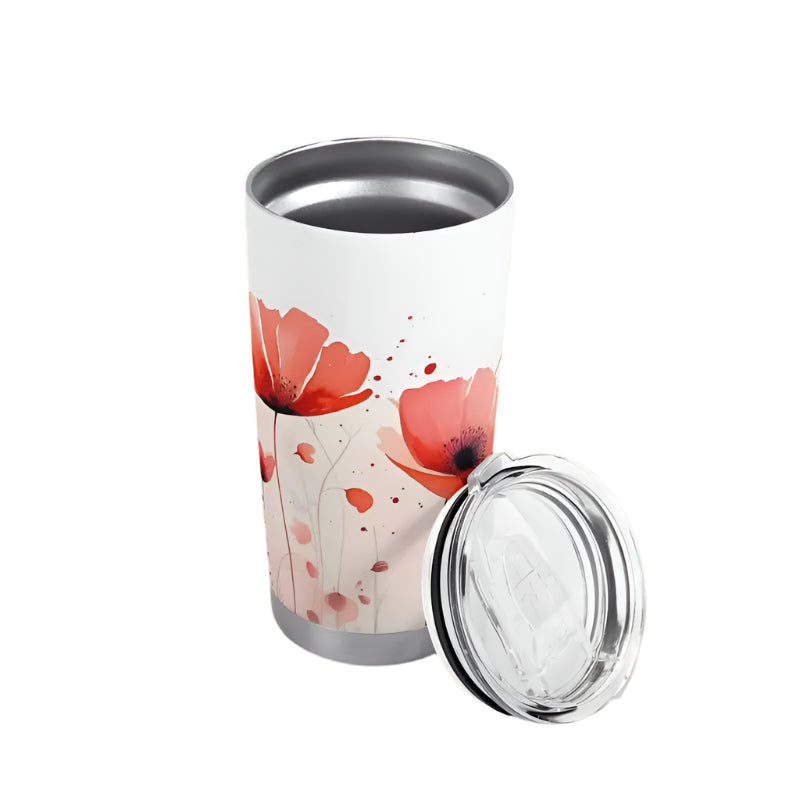 Floral personalized 20oz tumbler featuring a poppy design on a white background