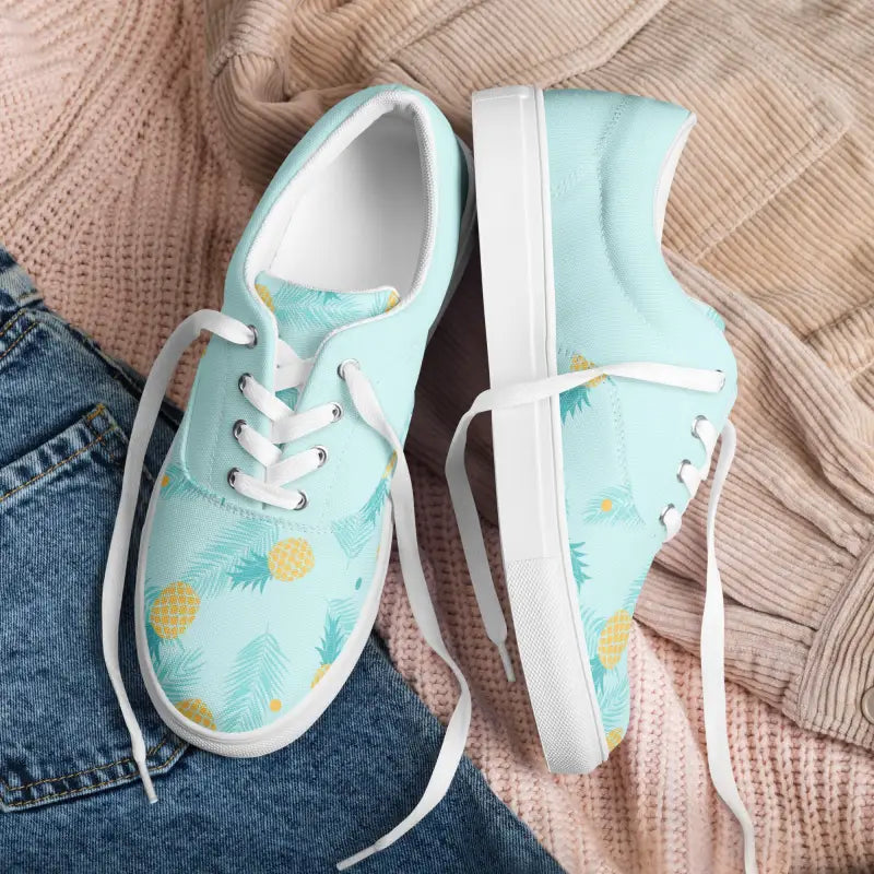 Stylish women’s pineapple lace-up canvas sneakers in mint green with fun pineapple print