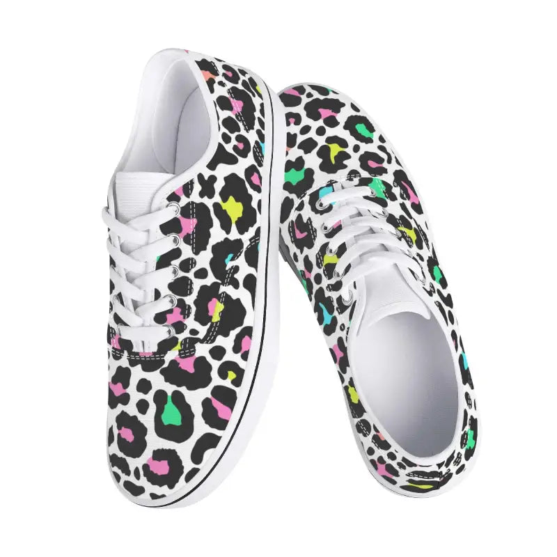 Colorful cheetah print sneakers with white laces and soles for trendy style