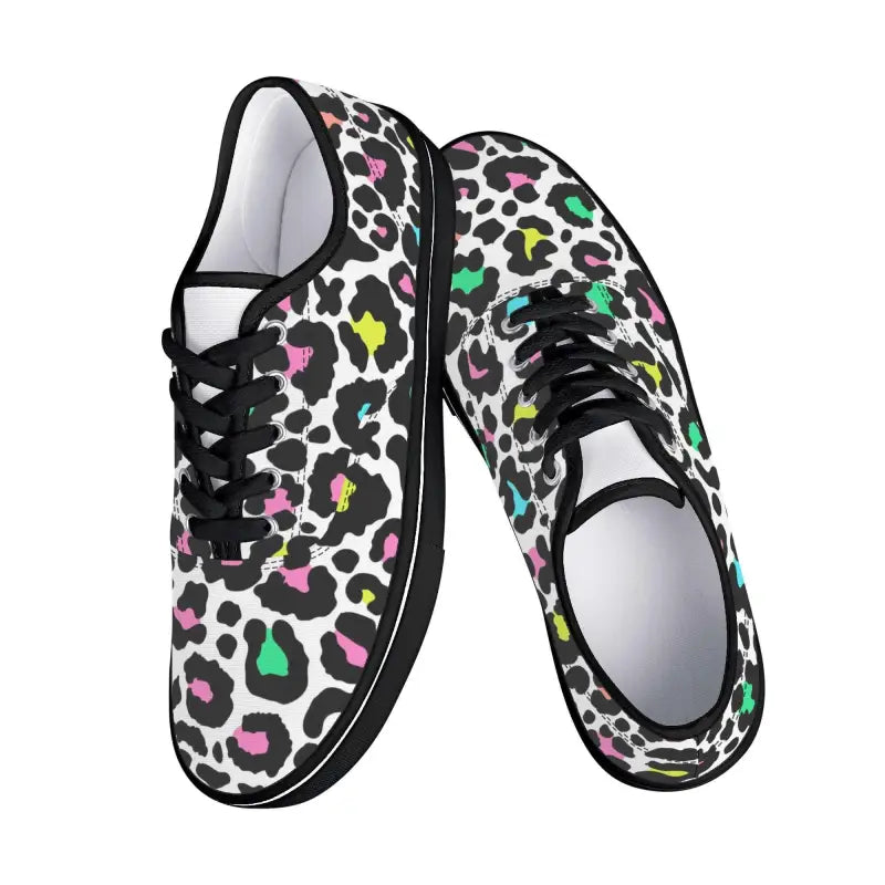 Colorful cheetah print sneakers with black laces for stylish women’s footwear