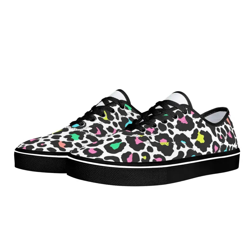 Colorful cheetah print sneakers with black soles and laces for stylish women