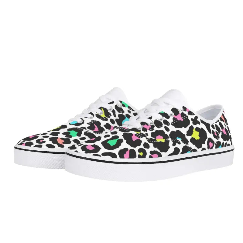 Colorful cheetah print sneakers with white soles perfect for stylish women