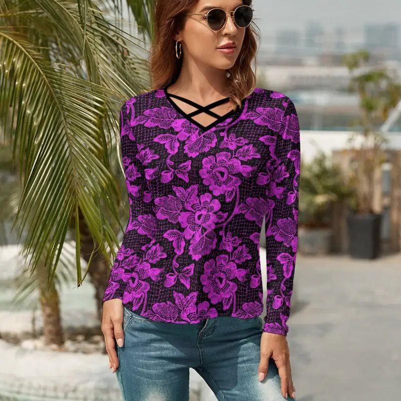 Vibrant purple and black floral Lace Print V-Neck long sleeve top with crisscross detail