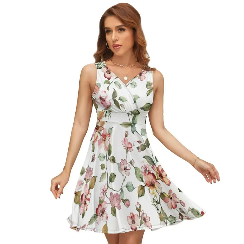 Ladies sleeveless white floral dress featuring a V-neckline and flared skirt