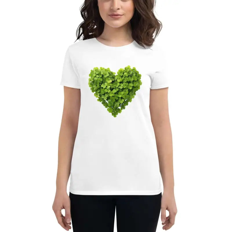 White t-shirt featuring a green leaves heart design, perfect for plant parents