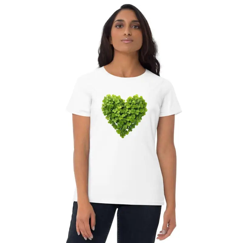 White t-shirt with a green leaves shamrock heart for nature lovers and plant parents